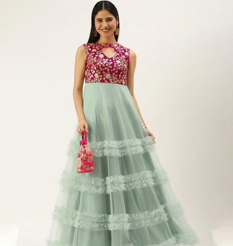 Green Magenta Ethnic Motifs Embroidered Net Ethnic Maxi Maxi Dress